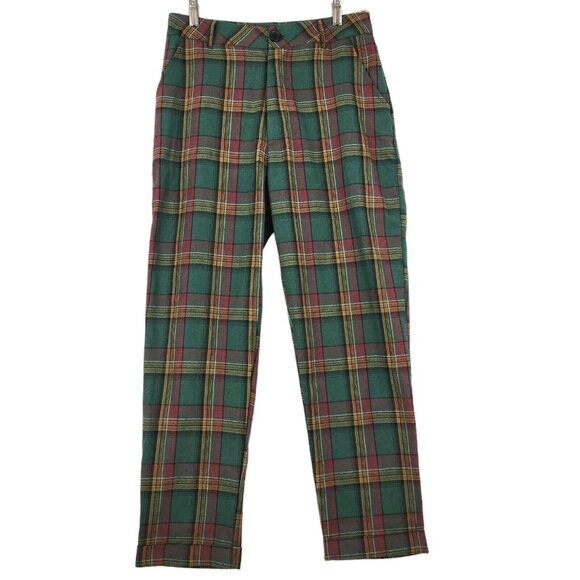 SHEIN Juniors Pants Sz Medium Plaid Red Green 70's Hippie Academia Retro Cuffed - Picture 1 of 11